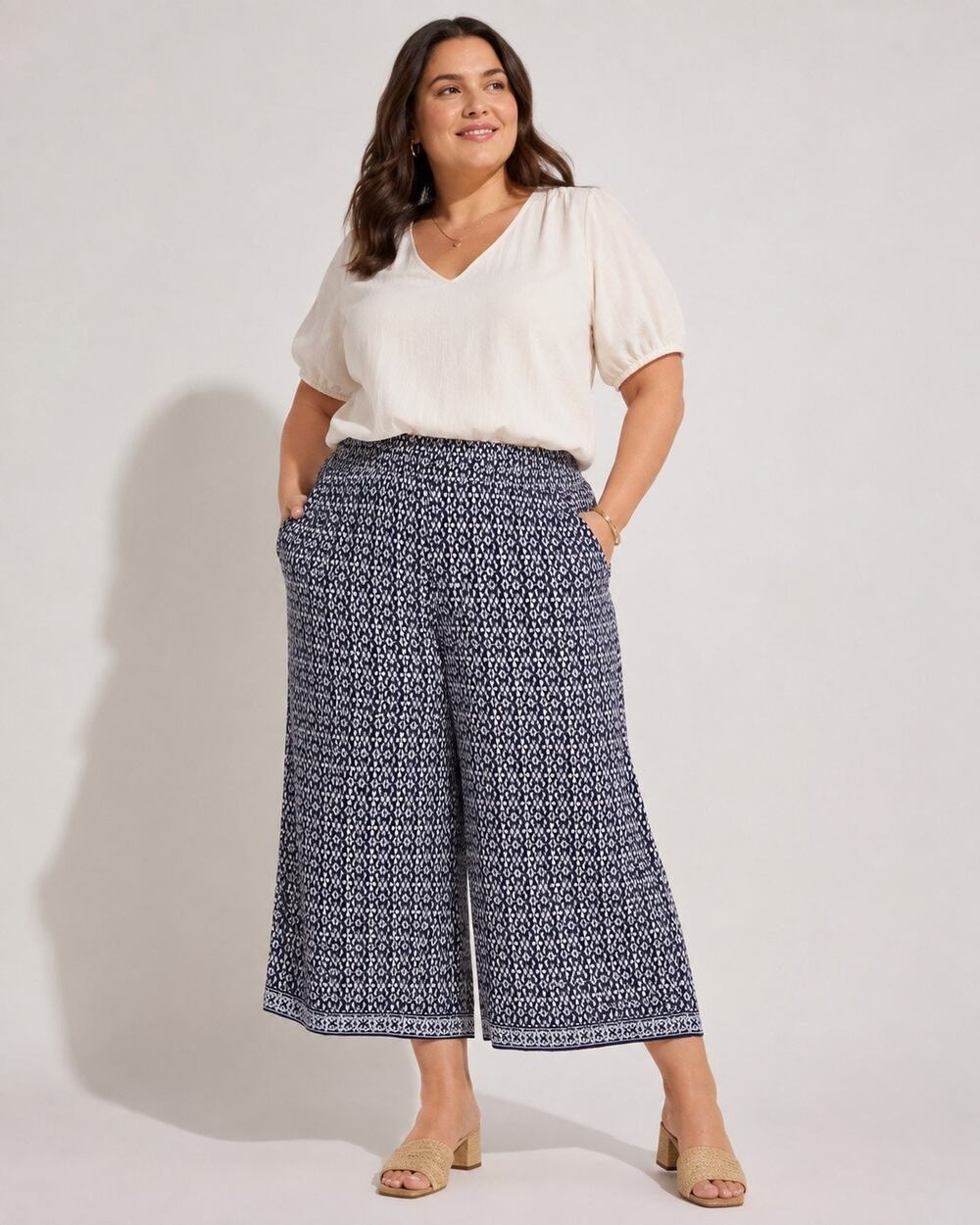 Max Studio Navy White Wide Leg Cropped Palazzo Pants Plus Size Boho Pull On Flow